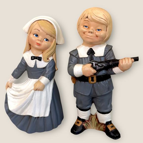 Vintage 70s Hand Painted 2 Piece Set Ceramic Figurines Pilgrims Thanksgiving 12" - Picture 1 of 11
